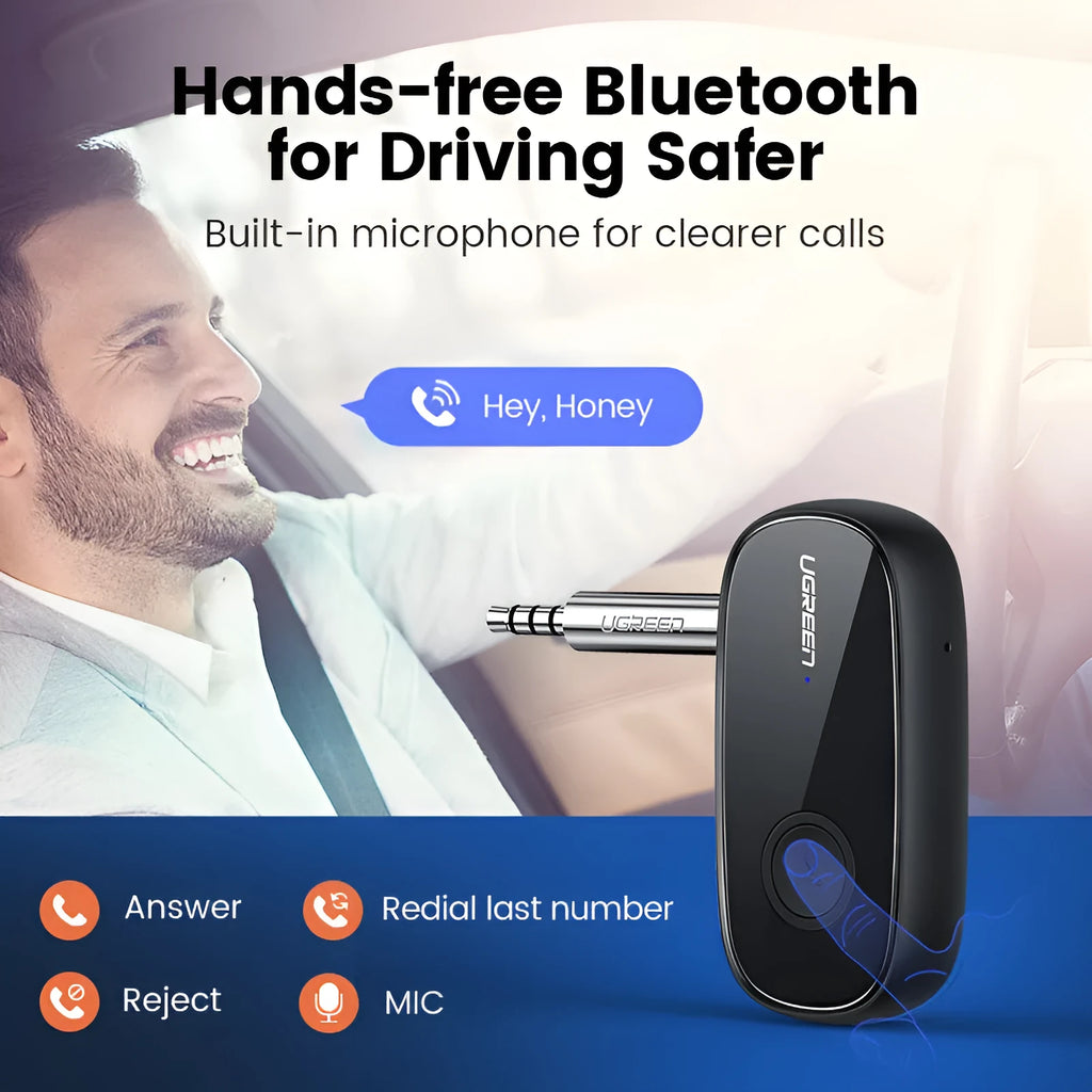 Car aux Bluetooth receiver with 3.5mm audio output and USB charging, Bluetooth 5.0, aptX support