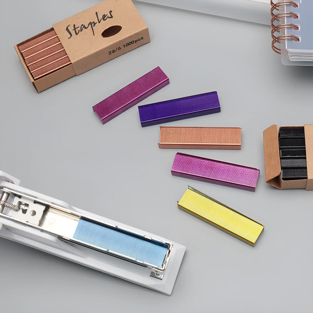 Box of 1000 metal staples in colours black, purple, rose gold, and rose red for office stationery