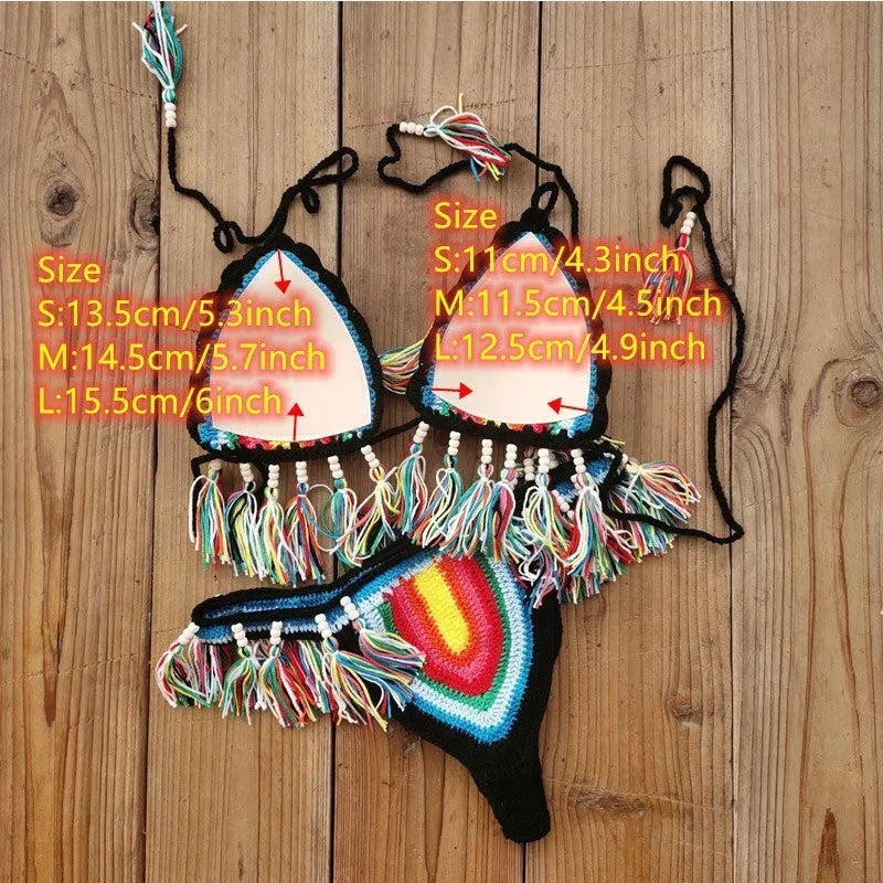 Handmade crochet bikini swimsuit with tassel detail in rainbow colours on cotton fabric