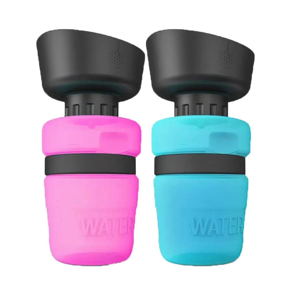 Foldable dog travel water bottle 520ml with fold cap bowl, blue, food-grade silicone and HDPE, leak-resistant pet dispenser