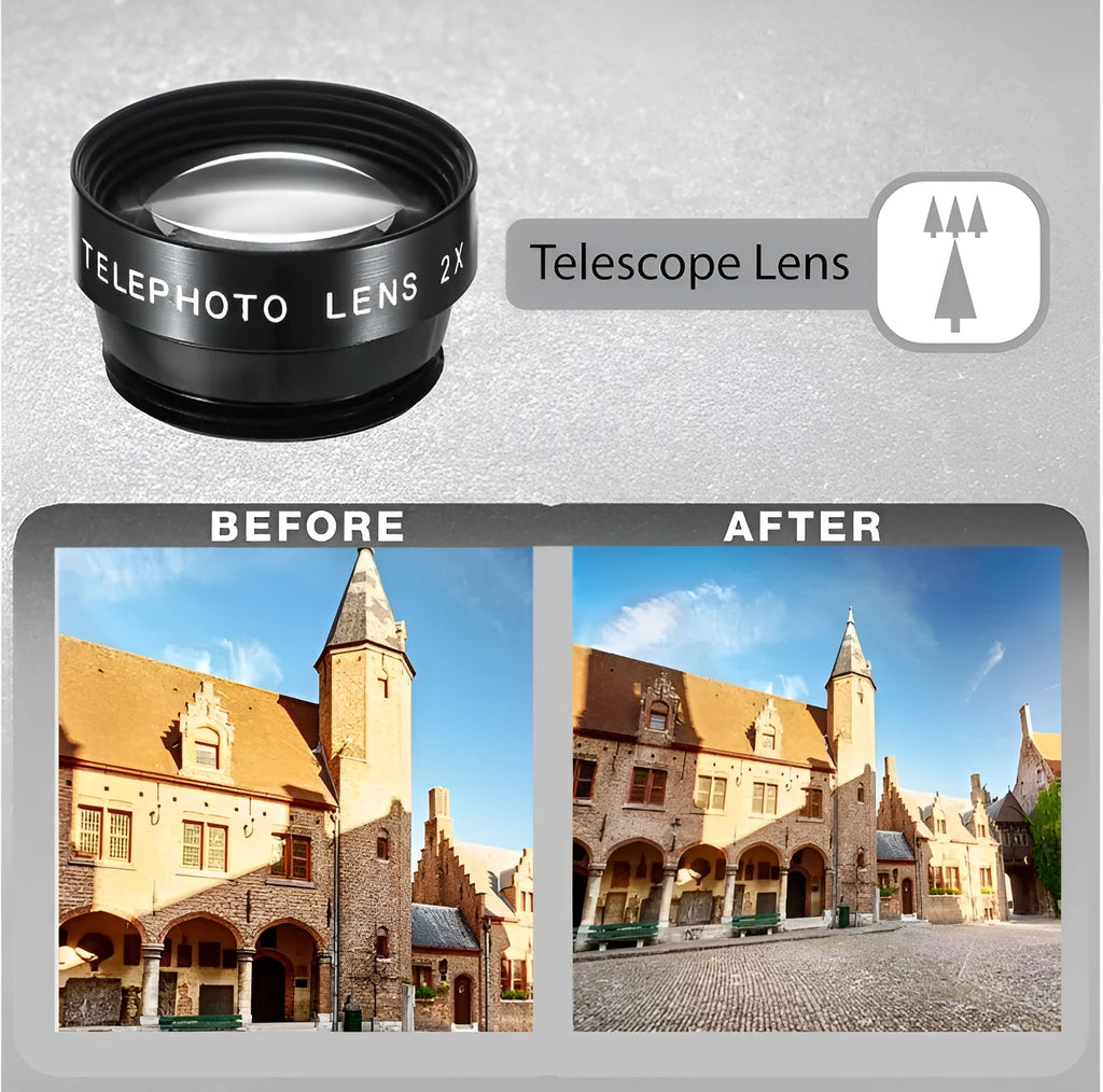 Black universal 5 in 1 clip-on phone camera lens kit with wide angle, macro, fisheye, telephoto, and CPL lenses