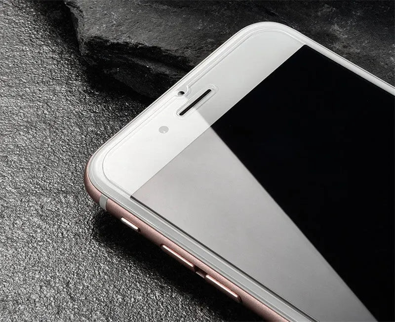 9H hardness tempered glass screen protector for iPhone and Samsung phones on a clean surface.