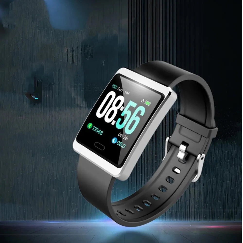 Super Screen smart watch in black with touch operation, health monitoring, motion tracking, 180mAh battery, and 5m to 10m wireless distance.