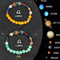 Twelve natural stone zodiac bracelets showing different astrological sign designs