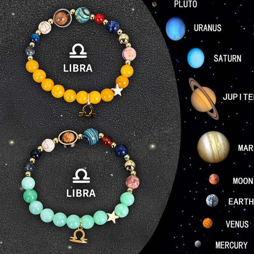 Twelve natural stone zodiac bracelets showing different astrological sign designs