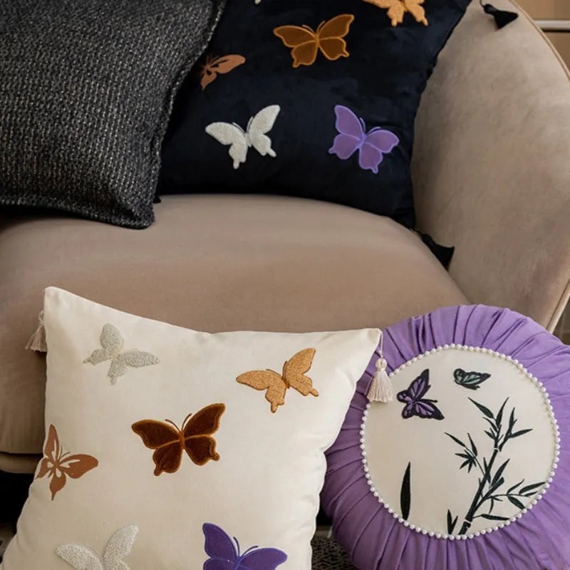 Square 45x45cm cushion with Chinese style butterfly embroidery in beige, black or purple colours
