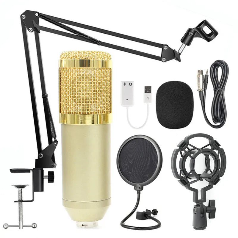 BM-800 condenser microphone stand set in various colours on a desktop