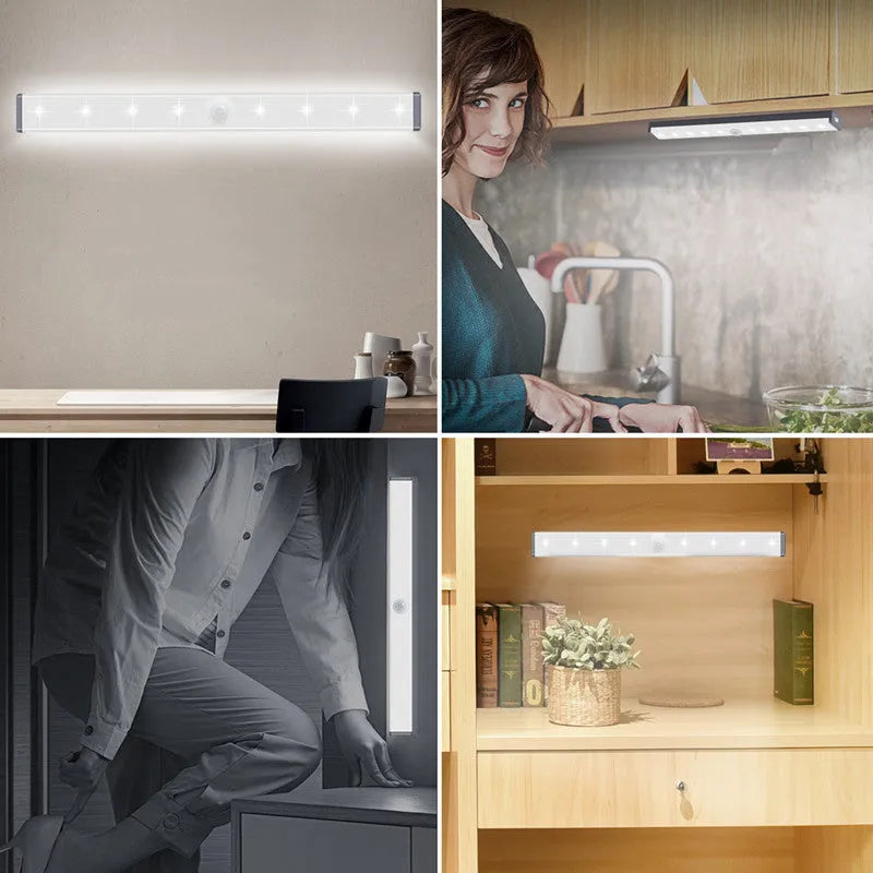 Silver aluminium LED motion sensor light with magnetic back for wardrobe and cupboard mounting.