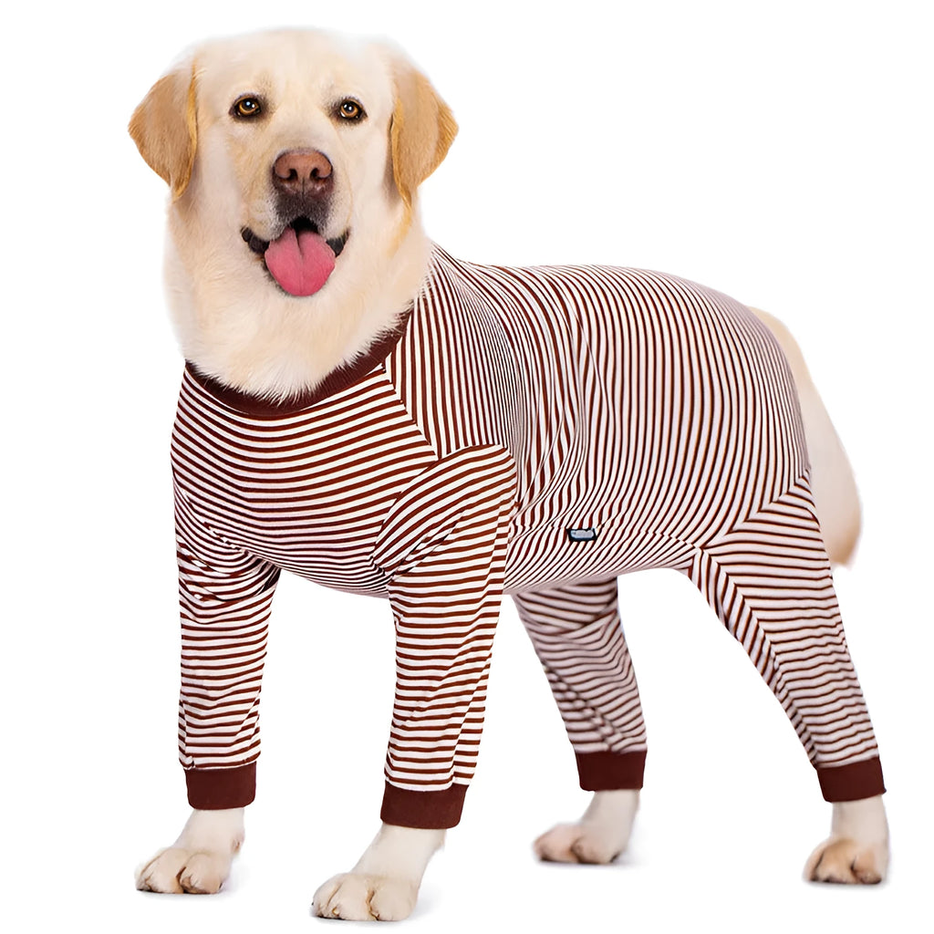 A striped four-legged shirt for a dog, shown in sky blue, black with dark blue stripes, or brown.
