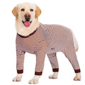 A striped four-legged shirt for a dog, shown in sky blue, black with dark blue stripes, or brown.