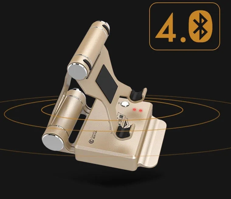 Gamesir-X1 Eat Chicken Throne Bluetooth mobile gaming controller adapter in gold or silver on a desk.