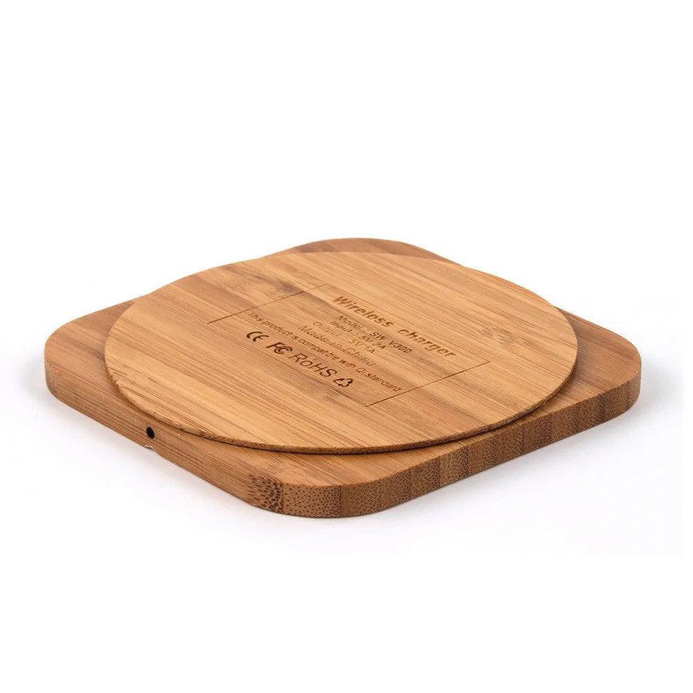 Square wooden bamboo 5W wireless charging pad measuring 92x92mm