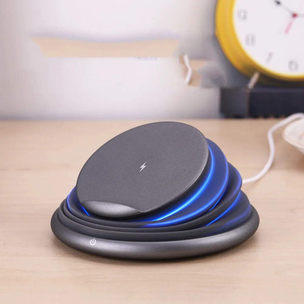 Wireless charger pad in Grey or White, 138 x 138 x 30mm, ABS plastic and silicone, 5W and 10W.