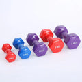 Colourful PVC-coated plastic hexagonal fitness dumbbells in bright colours on a gym floor