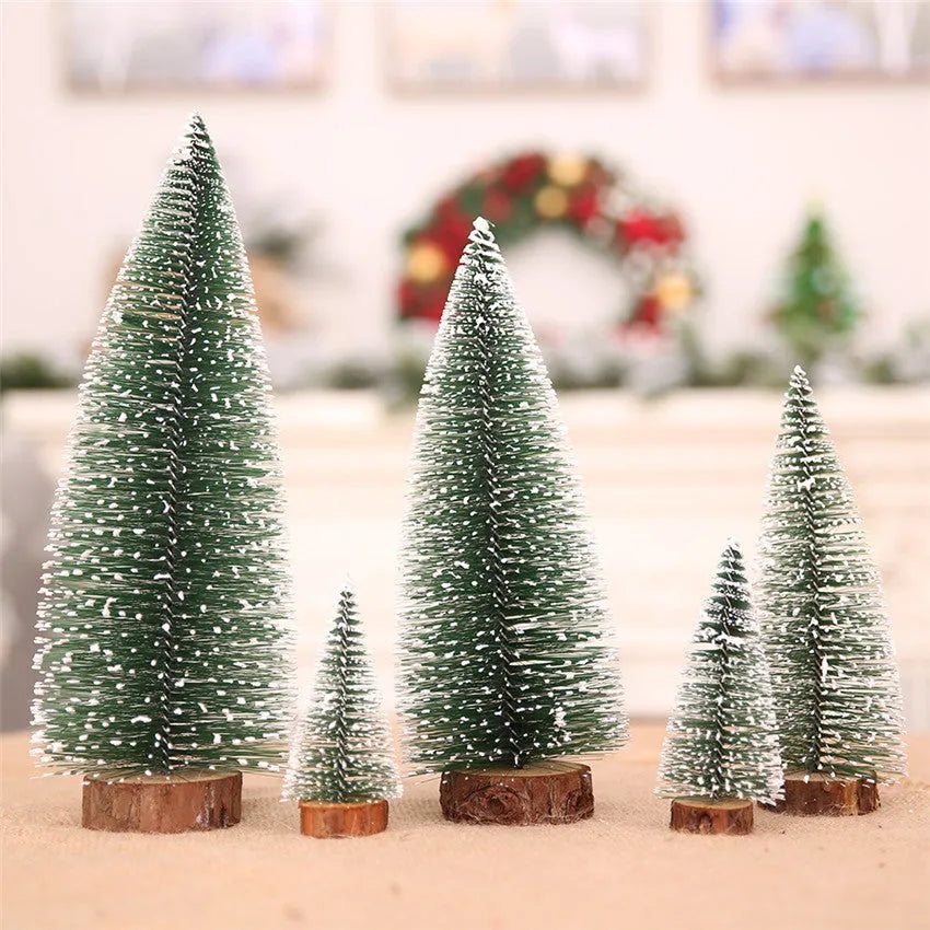 Miniature Christmas pine needle tree decoration in green and white, available in 10cm to 25cm heights