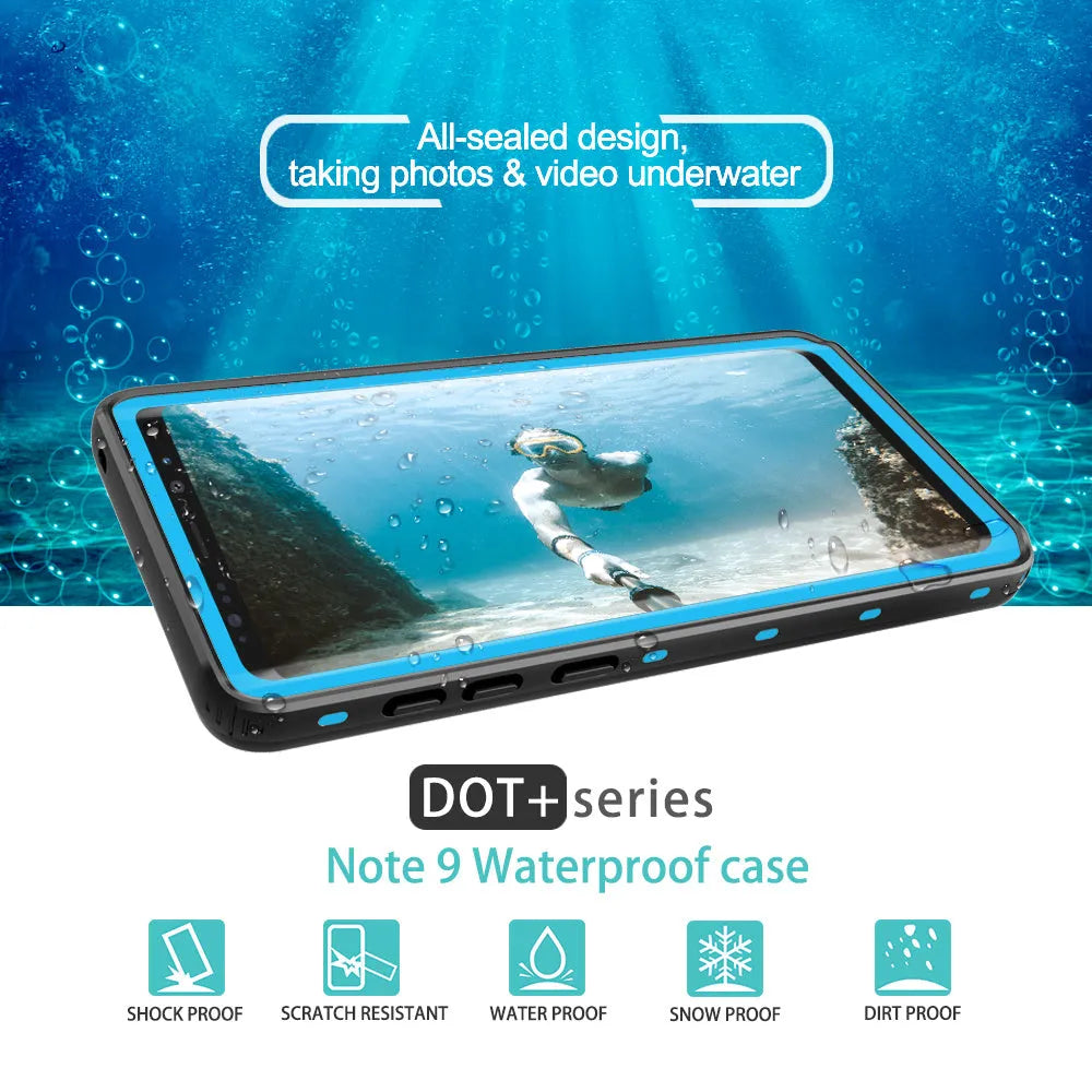 Transparent Samsung Galaxy phone case with IP68 waterproof and shockproof protection in light blue colour