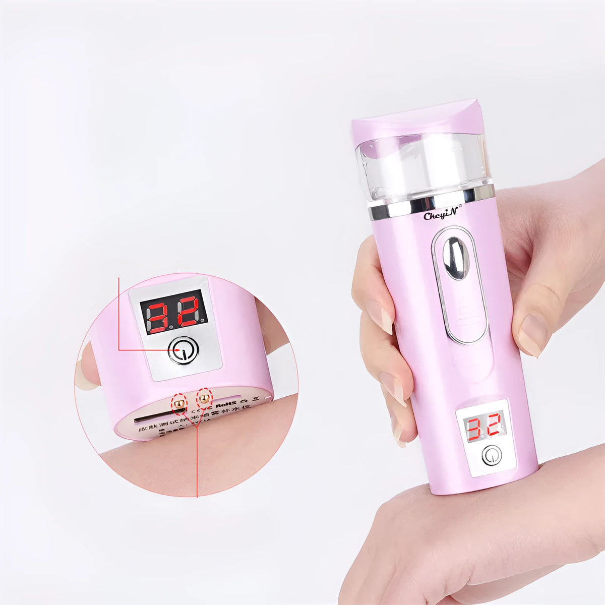 Nano spray water meter 35ml handheld facial mist device in white or pink, 4.6 x 13.5 cm
