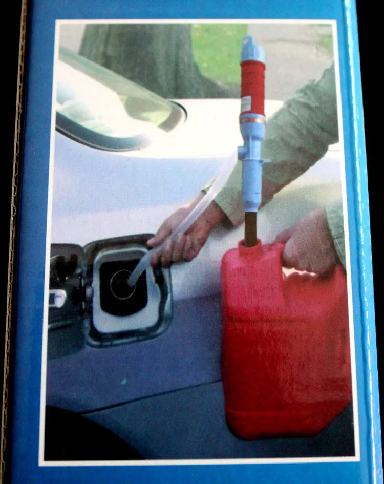 Blue and red manual siphon transfer pump for fuel, oil, and chemical liquids.