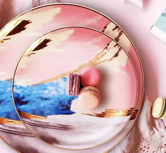 Watercolour dessert plates with real gold edge, 45% bone powder porcelain, 26.5 cm and 20.5 cm sizes, pink yellow blue options.