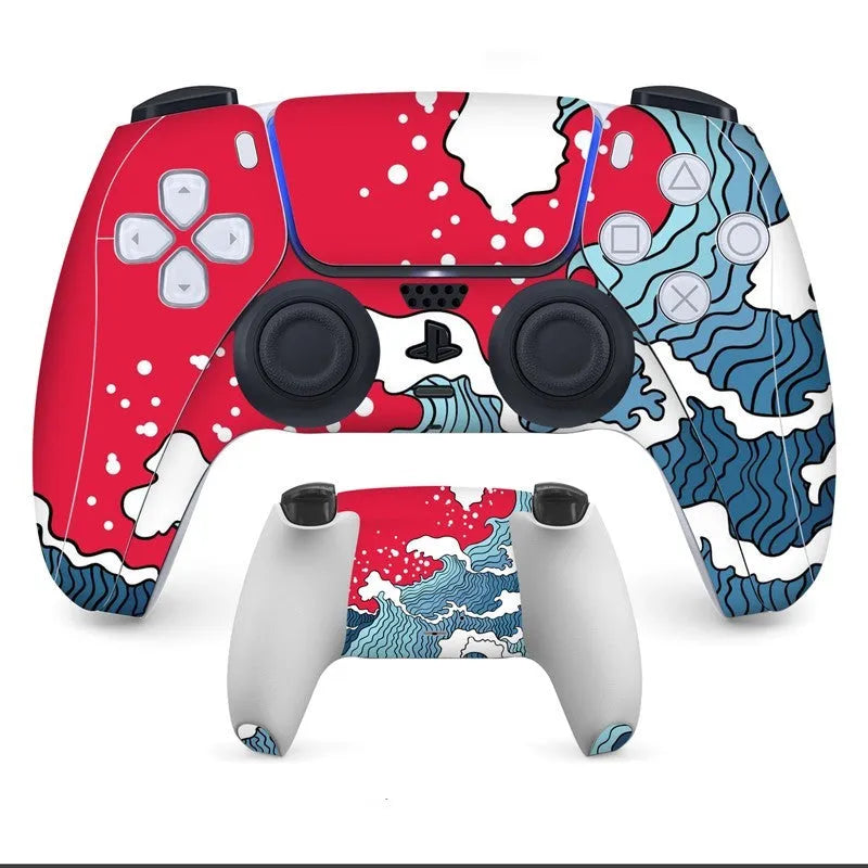 Set of PS5 controller protection stickers in various graphic designs, showing front and back pieces