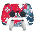Set of PS5 controller protection stickers in various graphic designs, showing front and back pieces