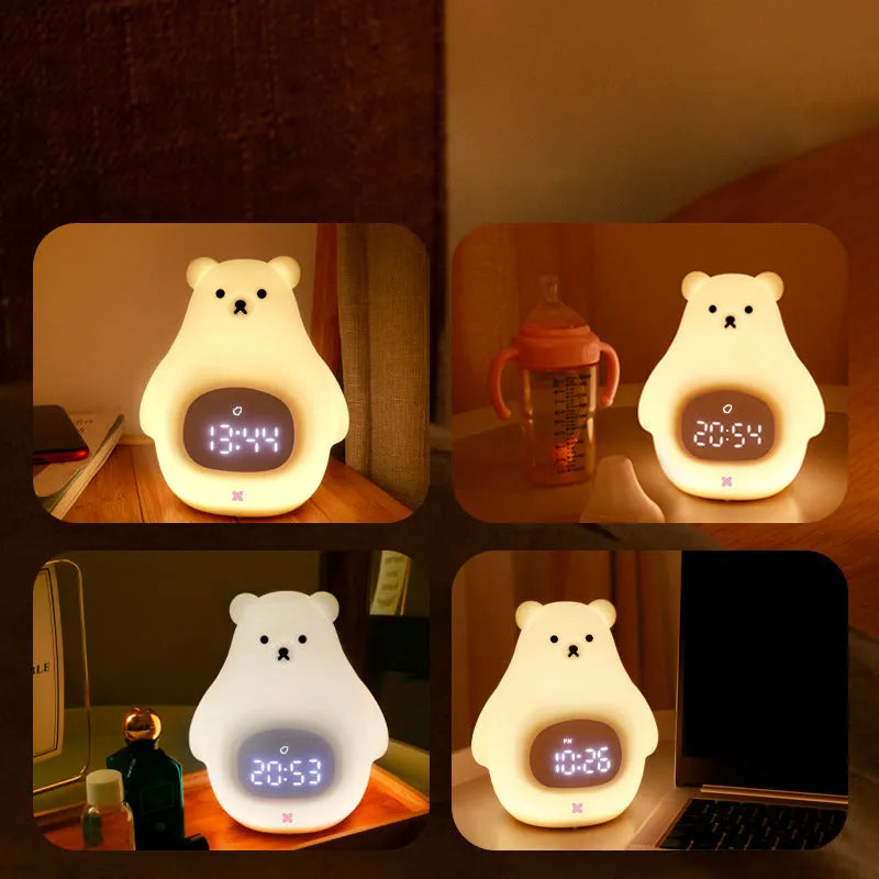 White silicone bear-shaped night light with colour-changing lights and a remote control.