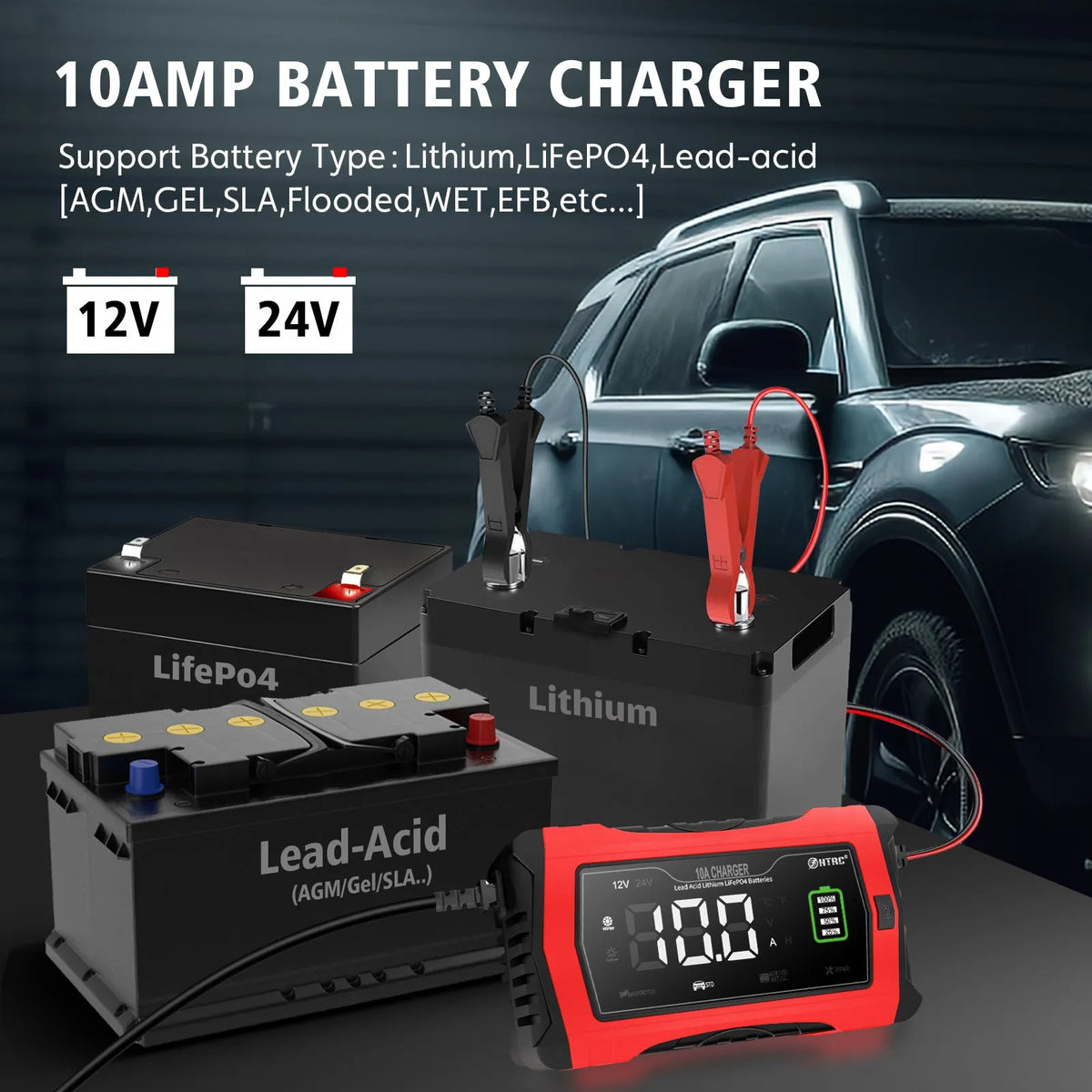 Fiberglass car motorcycle storage battery charger in red and black with EU power supply and blue full-charge indicator