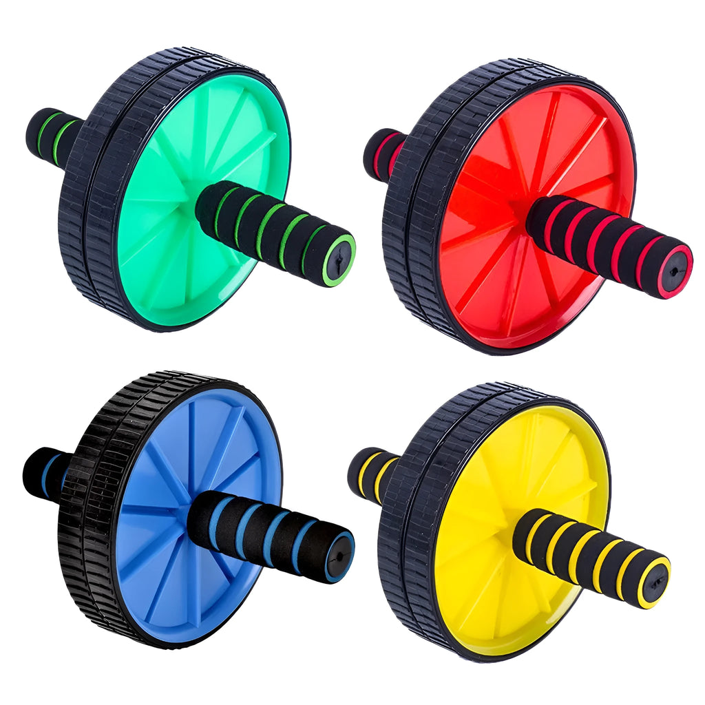Double wheel abdominal wheel in engineering plastic, 18 x 24 x 80cm, shown in blue, green, red and yellow
