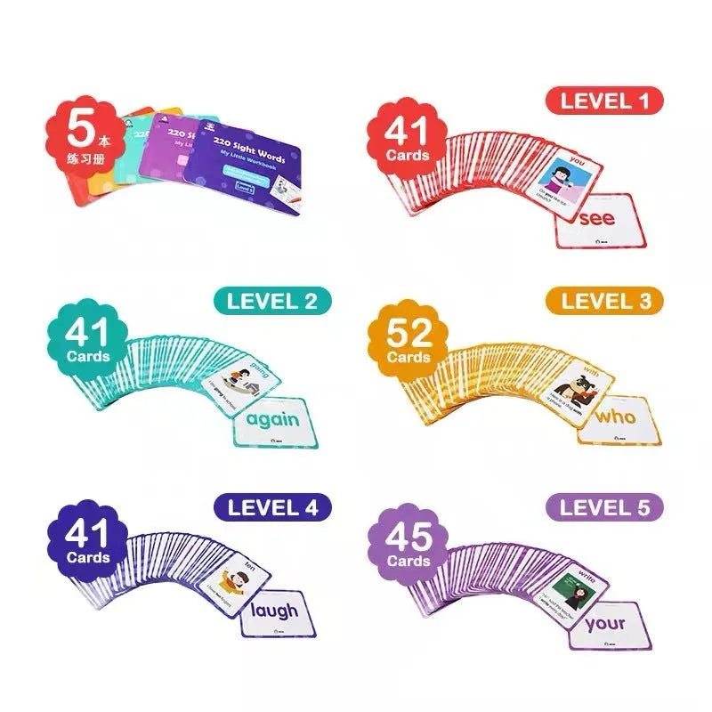 High frequency word card set with 220 cards and 5 workbooks for early childhood phonics education
