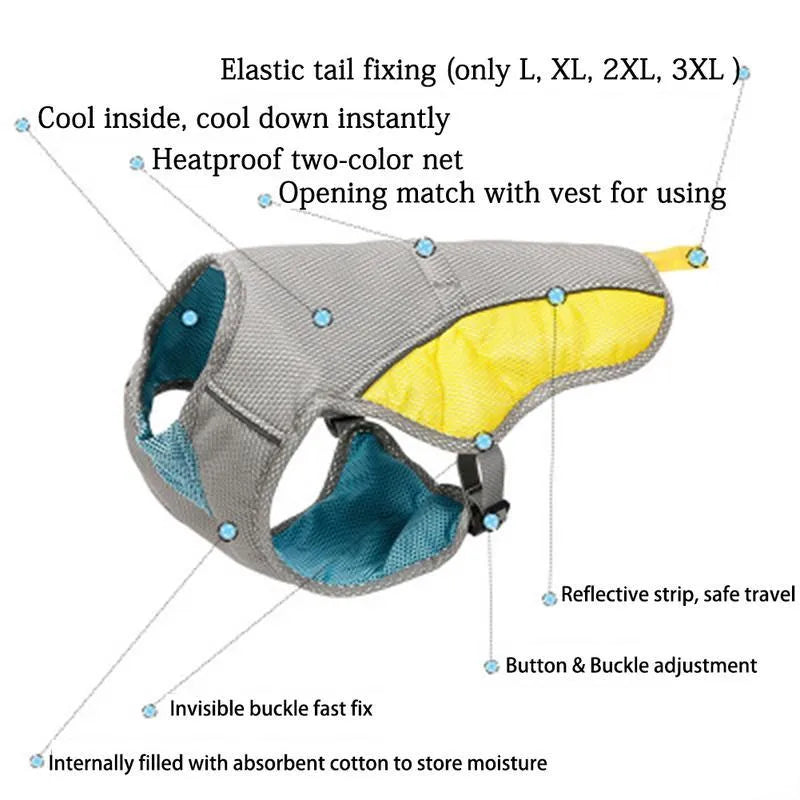 Yellow dog cooling vest with reflective strips on shoulder and back, open back with buckle, on a dog