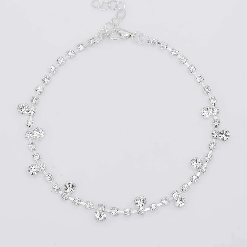 Silver tone water drop anklet with tassel and inlaid stone detail, 24+5 cm women's anklet