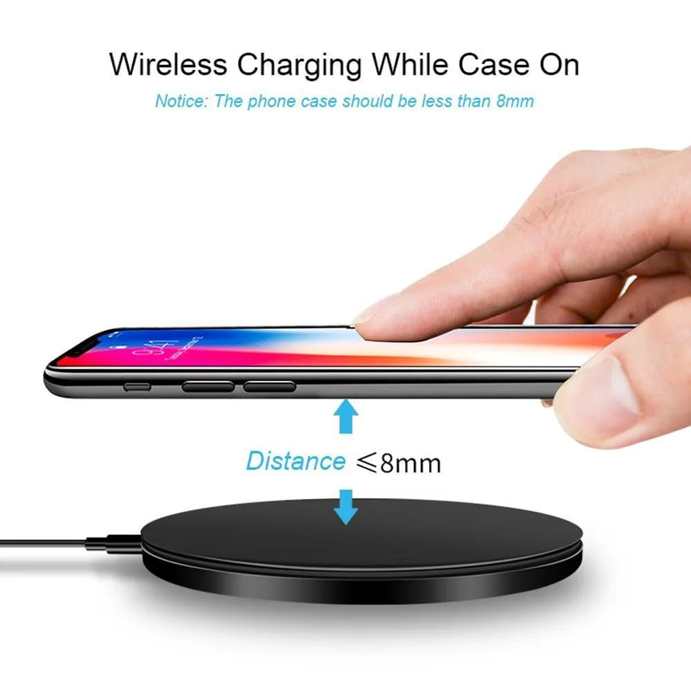 Black square ultra-thin wireless QI charging pad with dimensions 98mm by 98mm