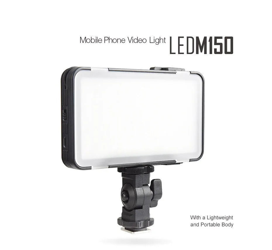 Shenniu M150 ultra-thin silver LED video light mounted on a mobile phone with bracket.