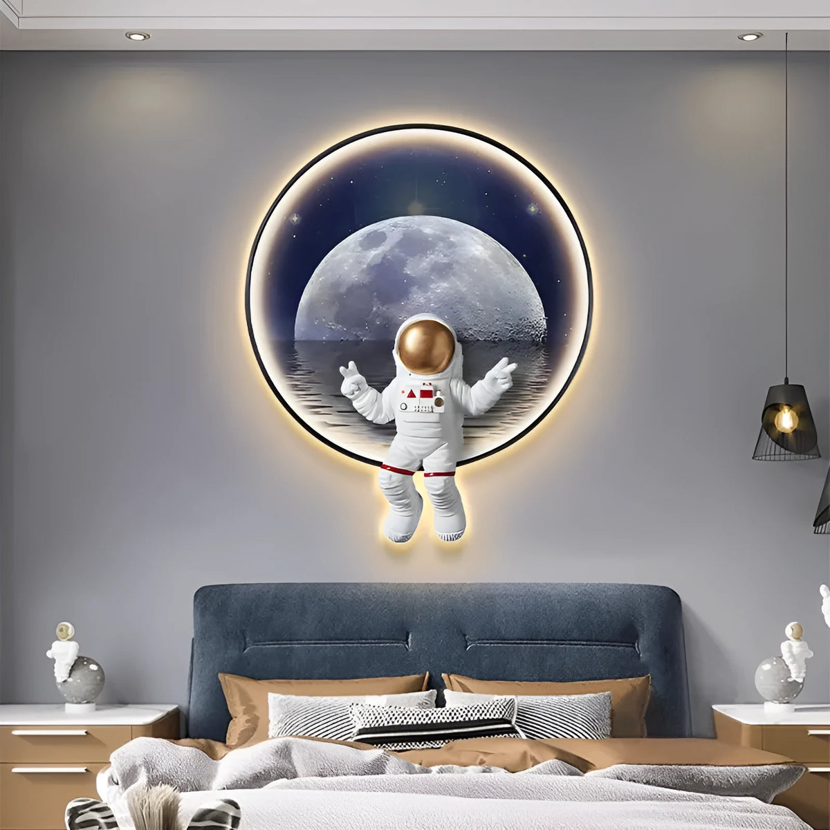 Frameless canvas spaceman wall painting in children's room with bedside lamp feature