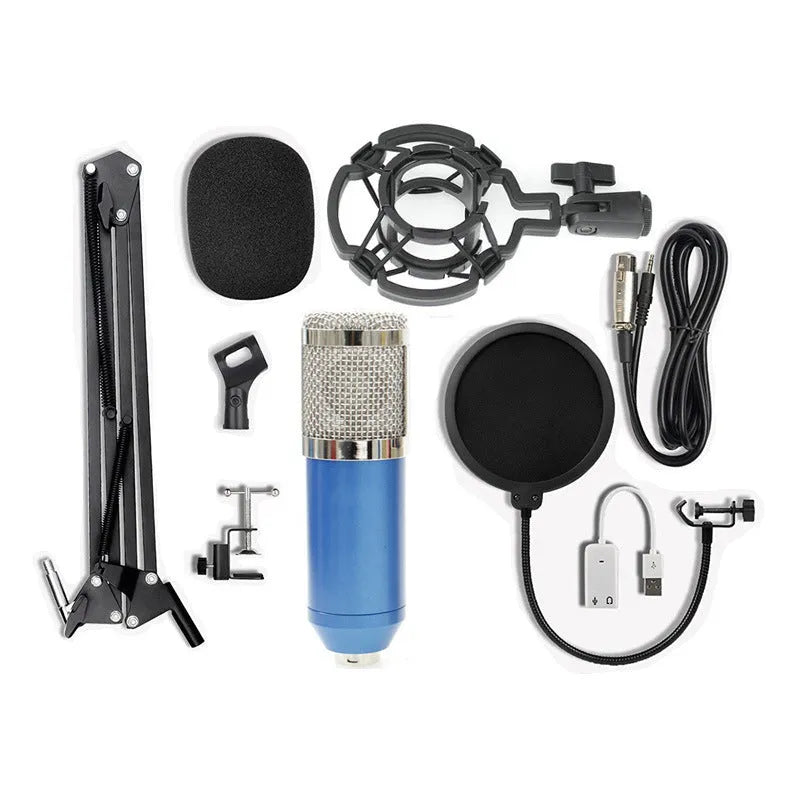 BM-800 condenser microphone stand set in various colours on a desktop