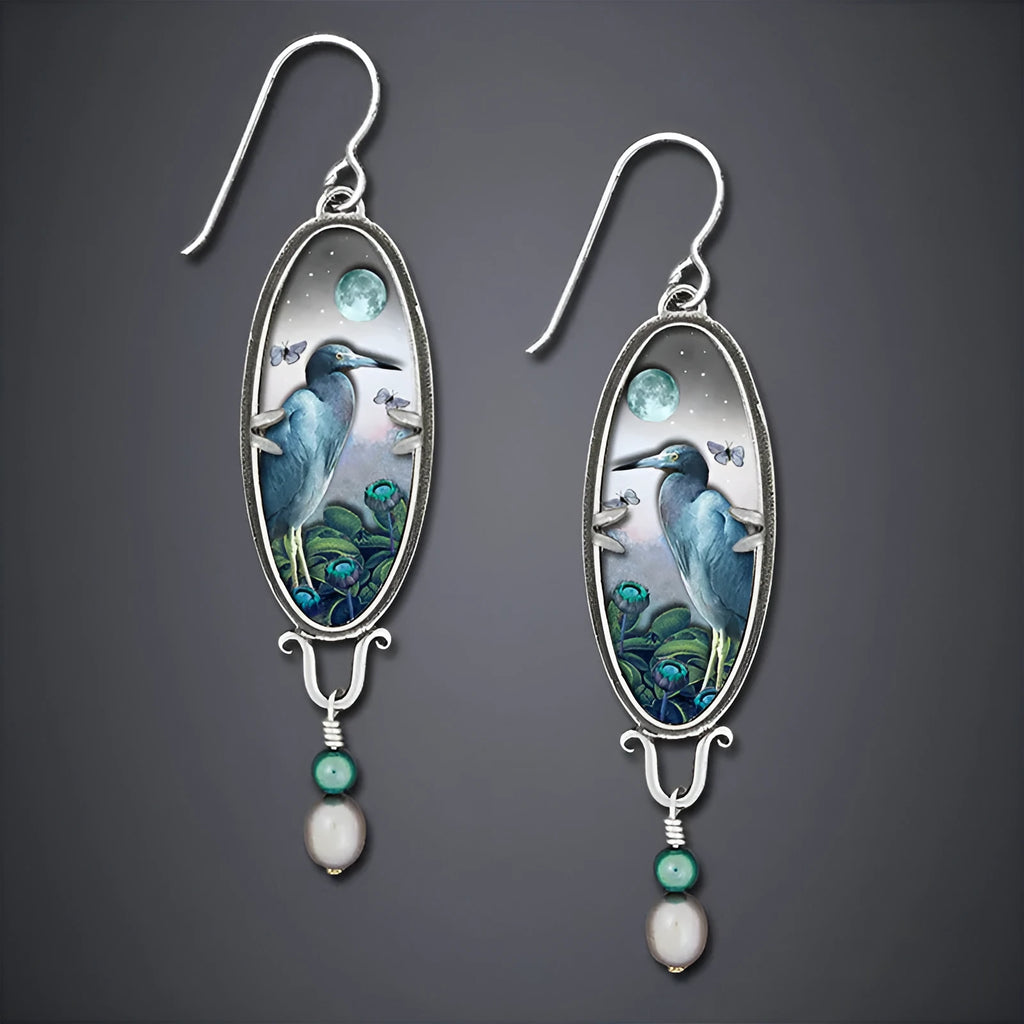 Creative Women's Palace retro bird flower drop earrings in silver metal electroplated finish