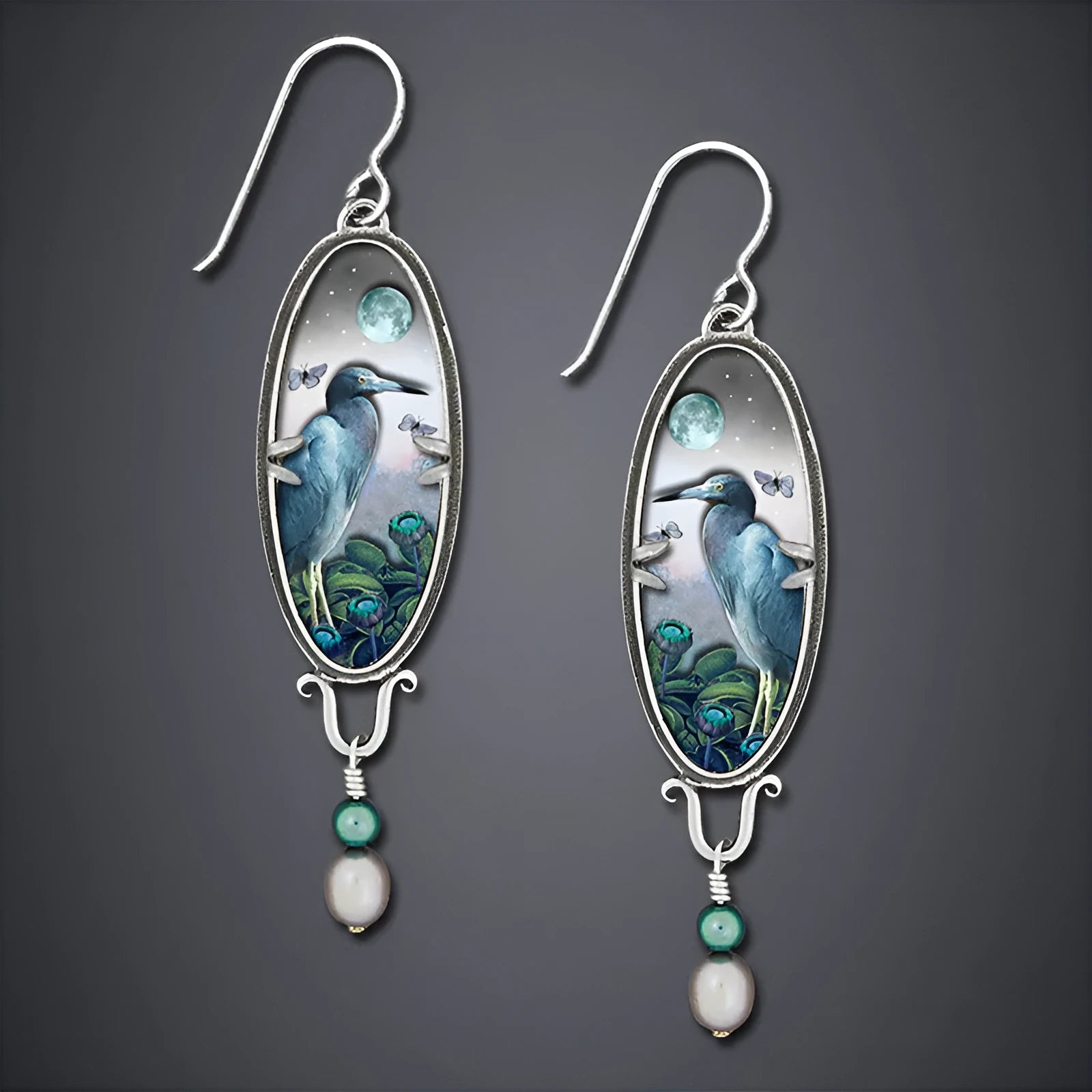 Creative Women's Palace retro bird flower drop earrings in silver metal electroplated finish