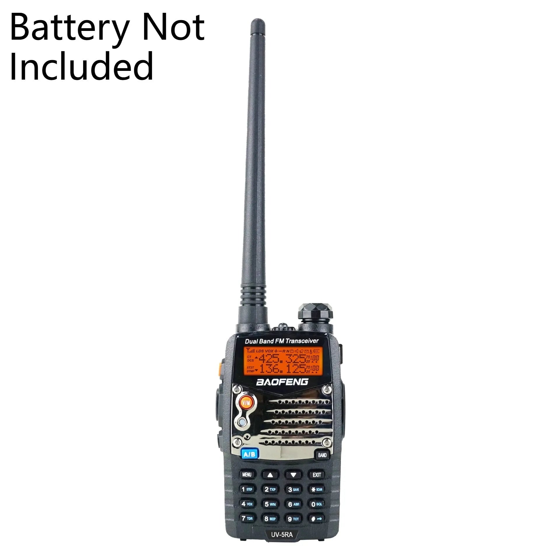 Baofeng UV-5RA black dual-band two-way radio with LCD dual display, shown with optional headset.