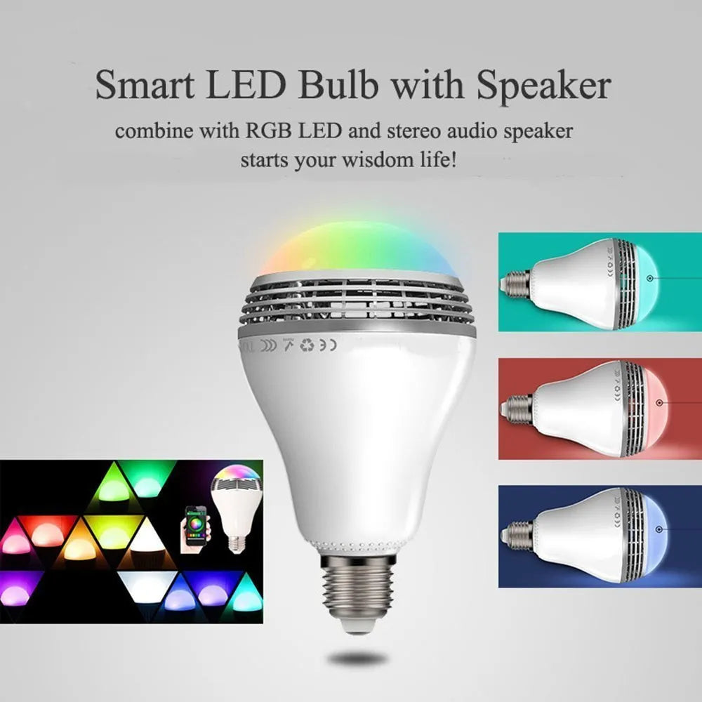 E27 smart LED bulb with Bluetooth speaker functionality showing 100mm diameter