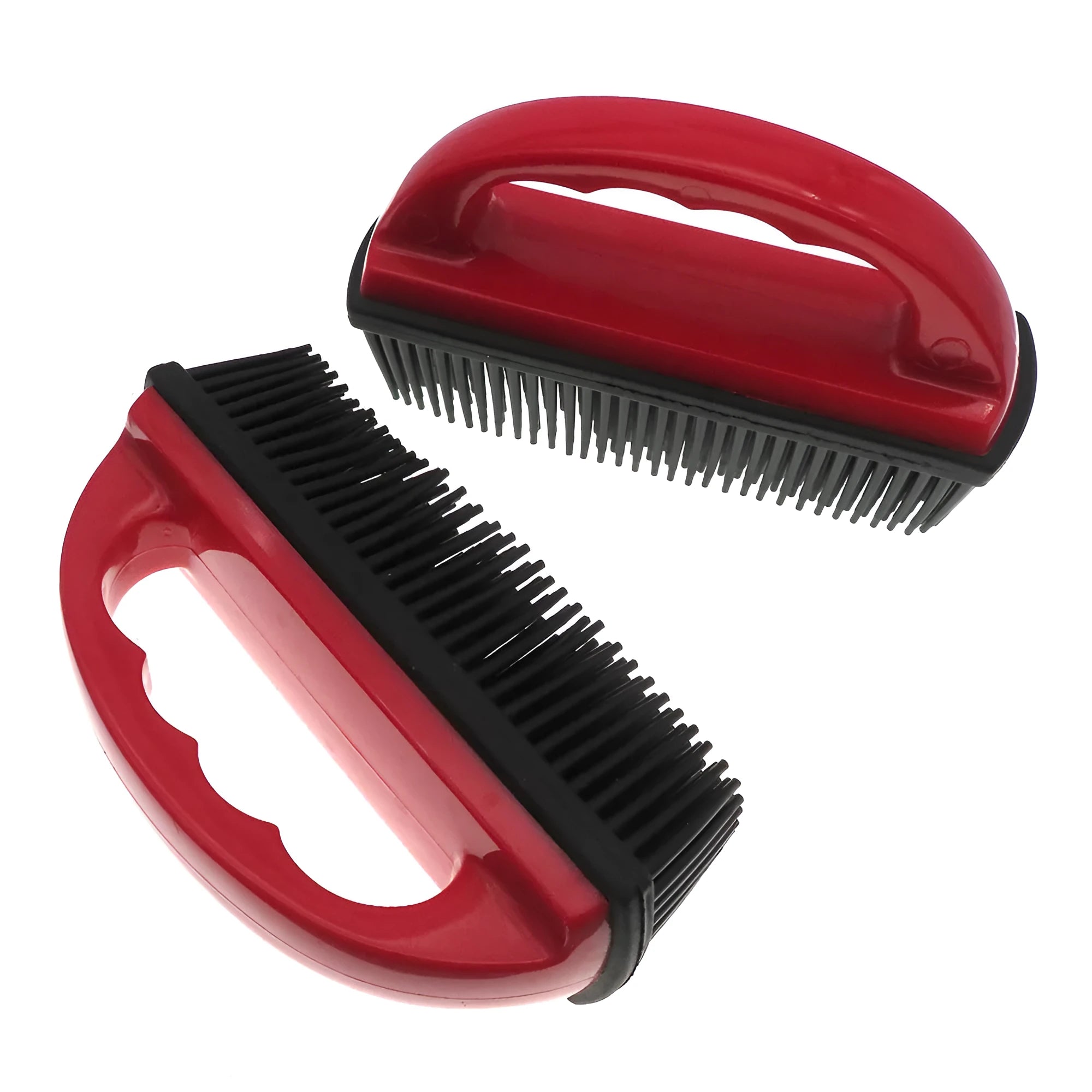 Red curved-handle pet hair removal brush for bath massage and carpet cleaning.