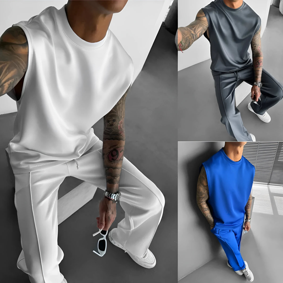 Men's polyester trousers and vest suit set in eight colours, sizes S to XXL, simple summer style