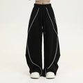 Black striped pleated hip hop wide-leg pants with mid waist and loose fit