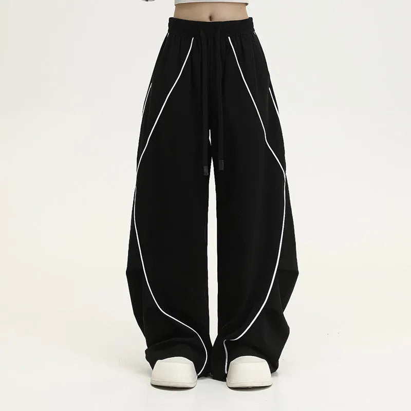 Black striped pleated hip hop wide-leg pants with mid waist and loose fit
