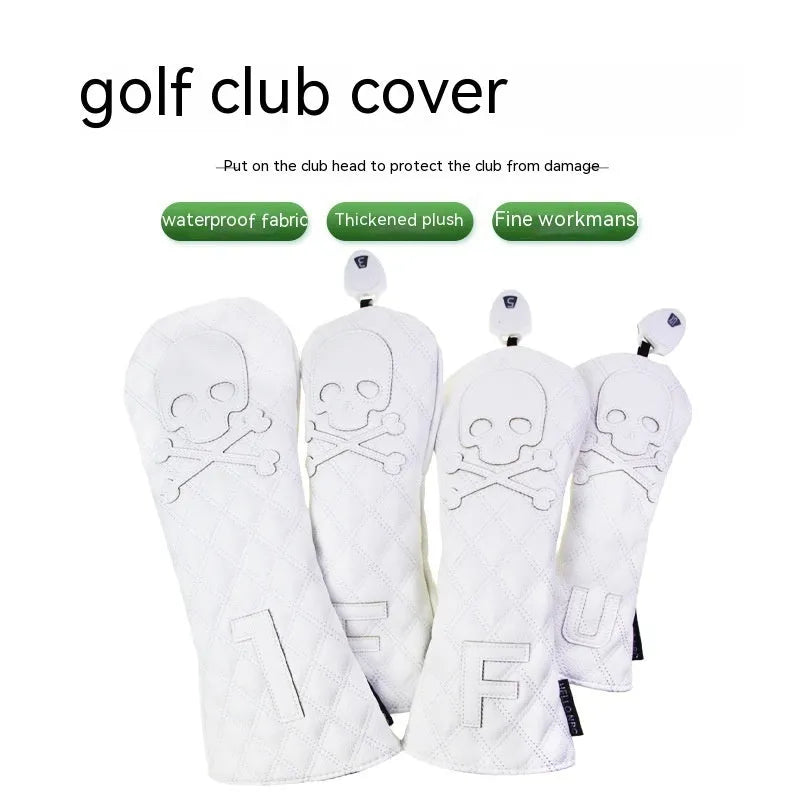 Black and white waterproof protective cover for a wooden golf pole on a green background.