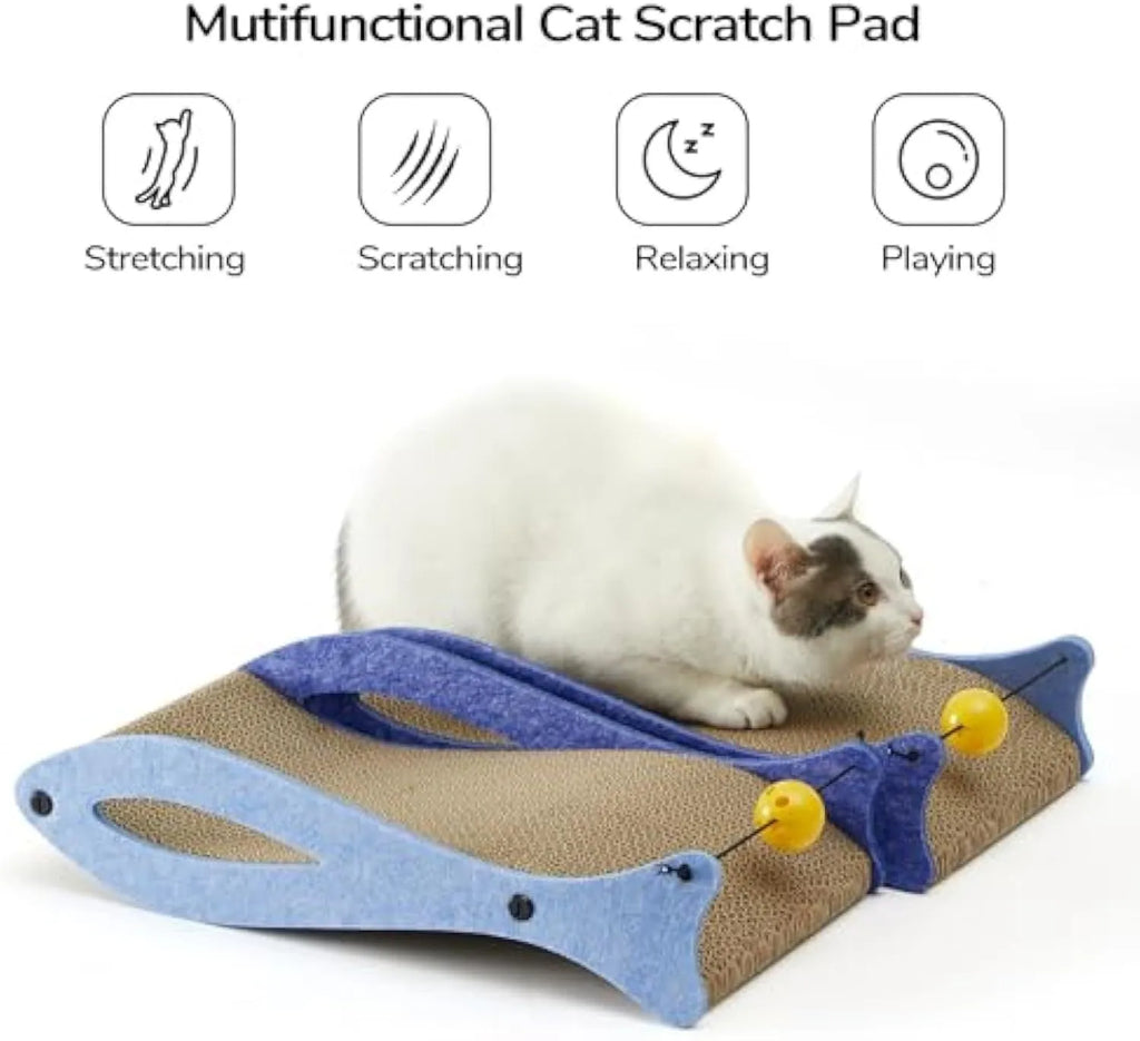 Blue fish-shaped cat scratcher with bell toy on elastic cord, corrugated cardboard construction