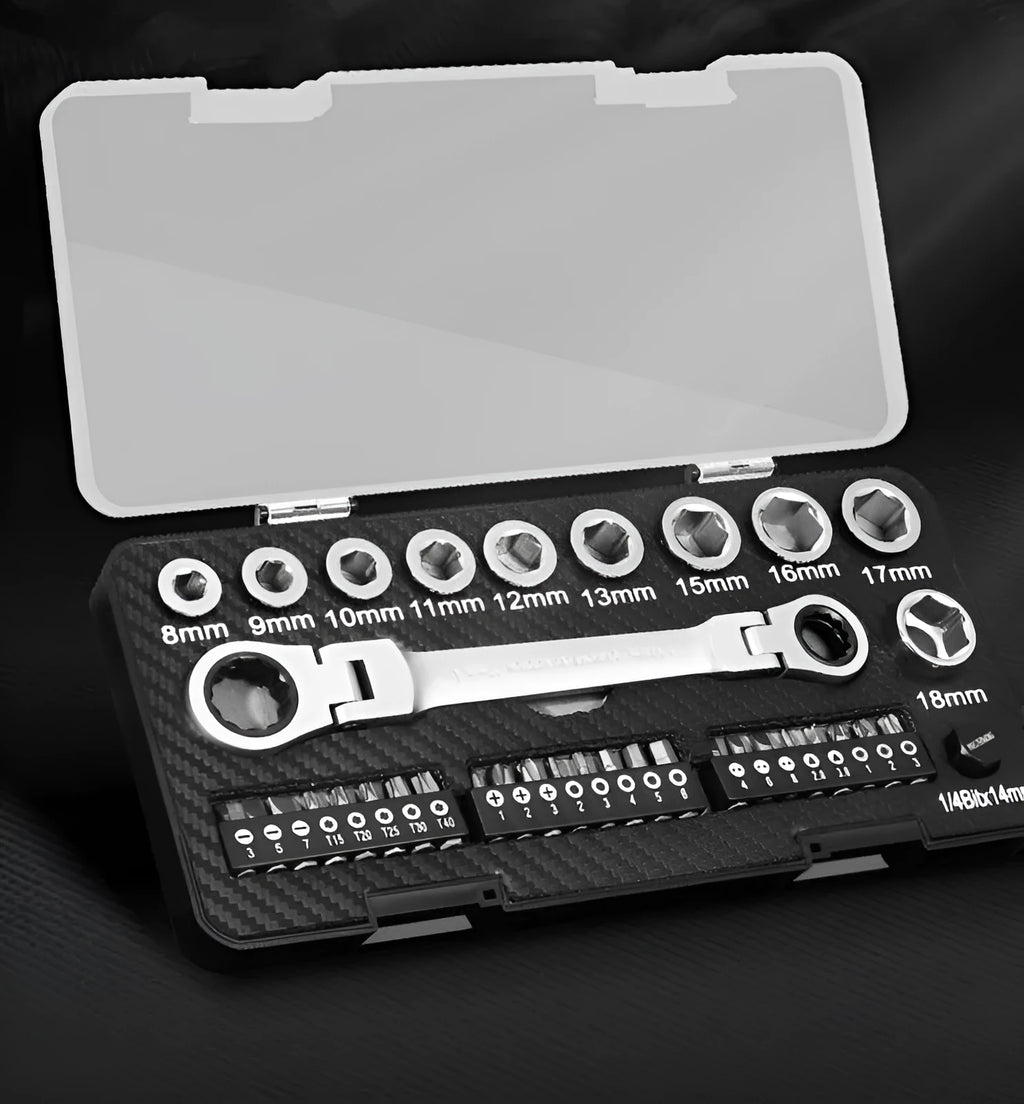 Dual-purpose ratchet wrench set with sockets and screwdriver bits on a grey background