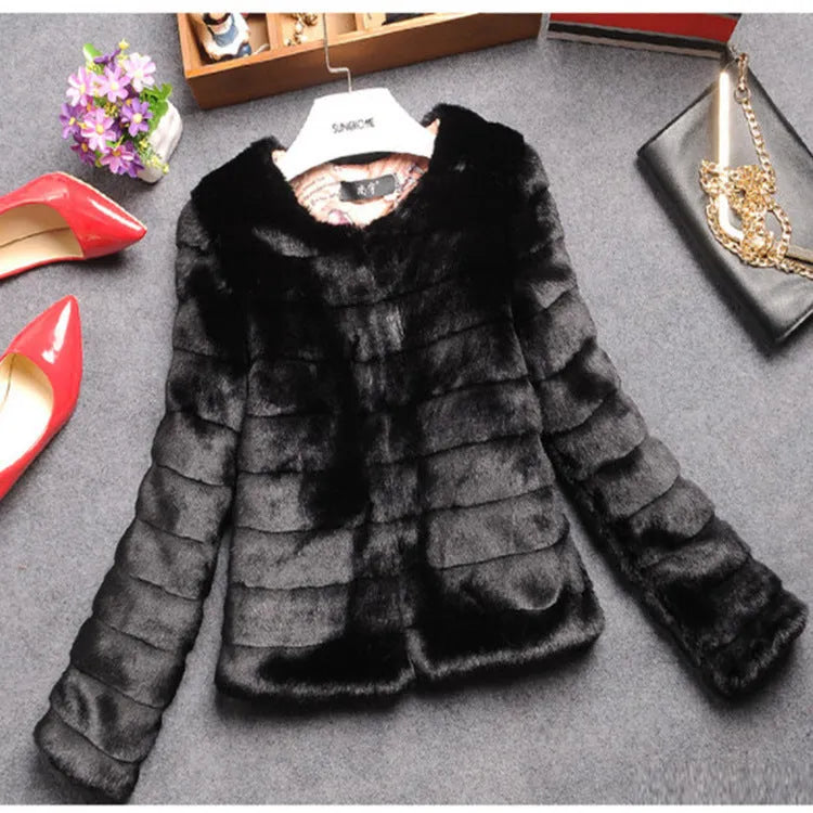 Women's short length faux fur top in beige colour with regular sleeves for street fashion