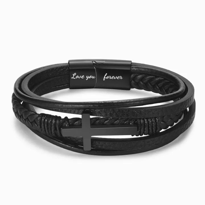 Men's stainless steel cross bracelet with leather band and plated finish, shown in steel and black colour options