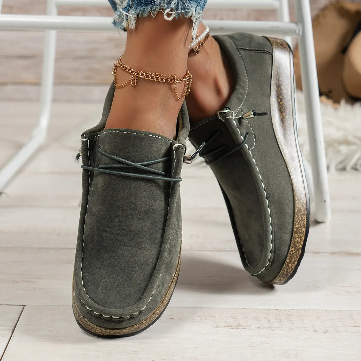 Plus size women's flat slip-on casual shoes with elastic band, PU upper, rubber sole, round toe, in grey, red, green, brown, or black, sizes 36-43