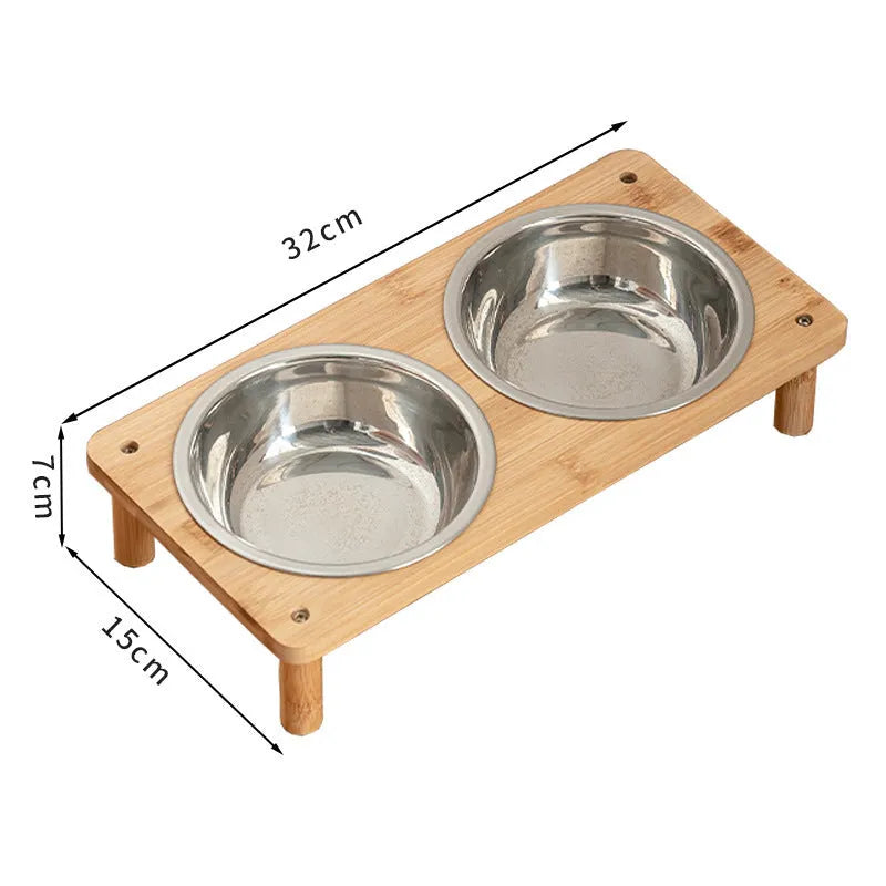 Square bamboo pet feeder with two stainless steel bowls, anti-tumble dog and cat bowl set